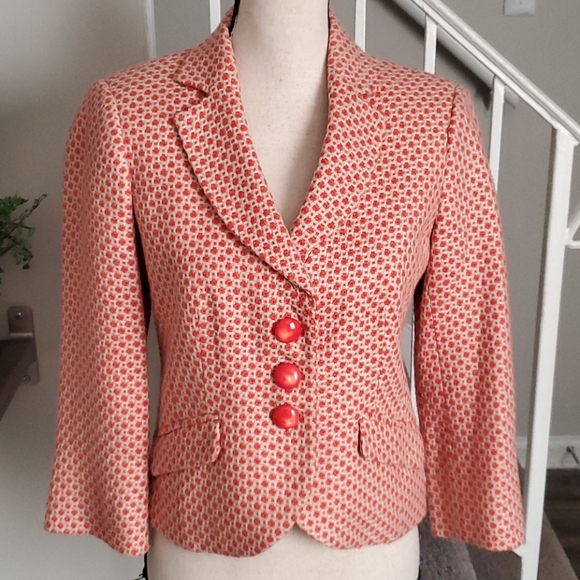 RETRO Style ANTHROPOLOGIE Spring Coral & Cream Tapemeasure Blazer US Size 6 - Picture 2 of 9